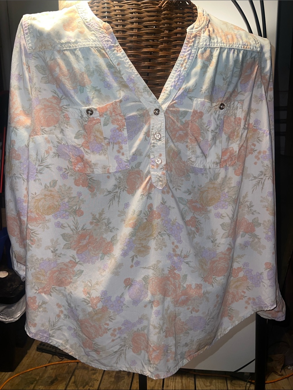 Torrid Soft Floral V-Neck Button Front Blouse in Pastel Peach & Lavender
